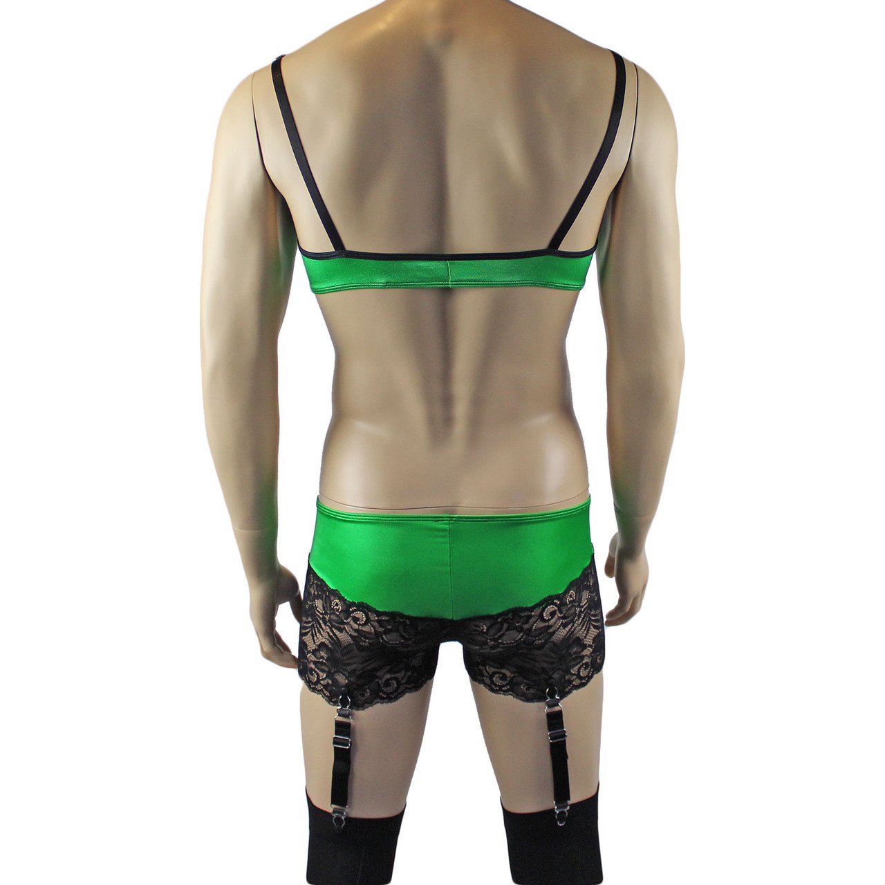 Mens Risque Bra Top, Boxer Briefs with Detachable Garters & Stockings (green and black plus other colours)