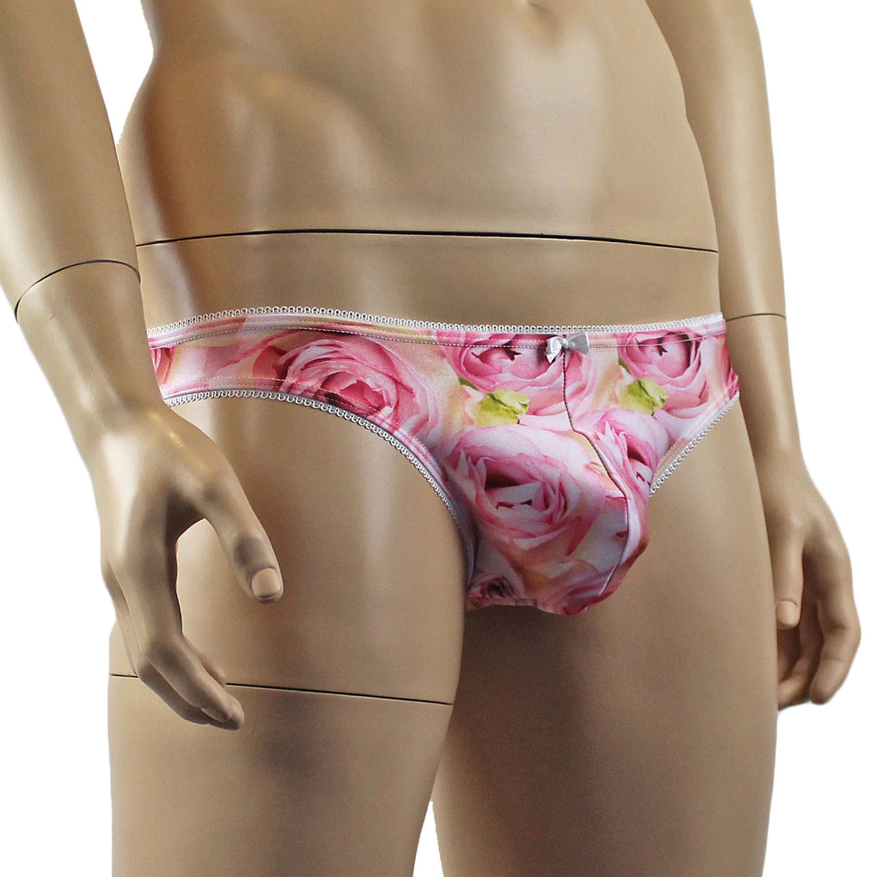 SALE - Mens Roses Stretch Spandex Panty Brief with Decorative Pico Elastic Pink