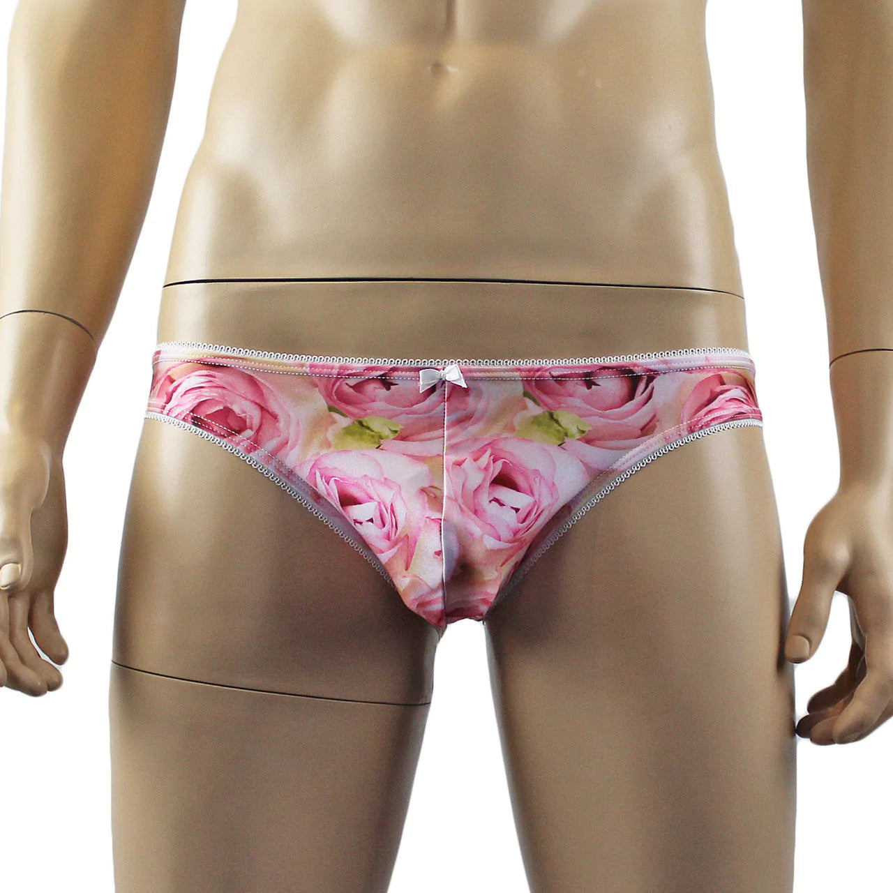 SALE - Mens Roses Stretch Spandex Panty Brief with Decorative Pico Elastic Pink