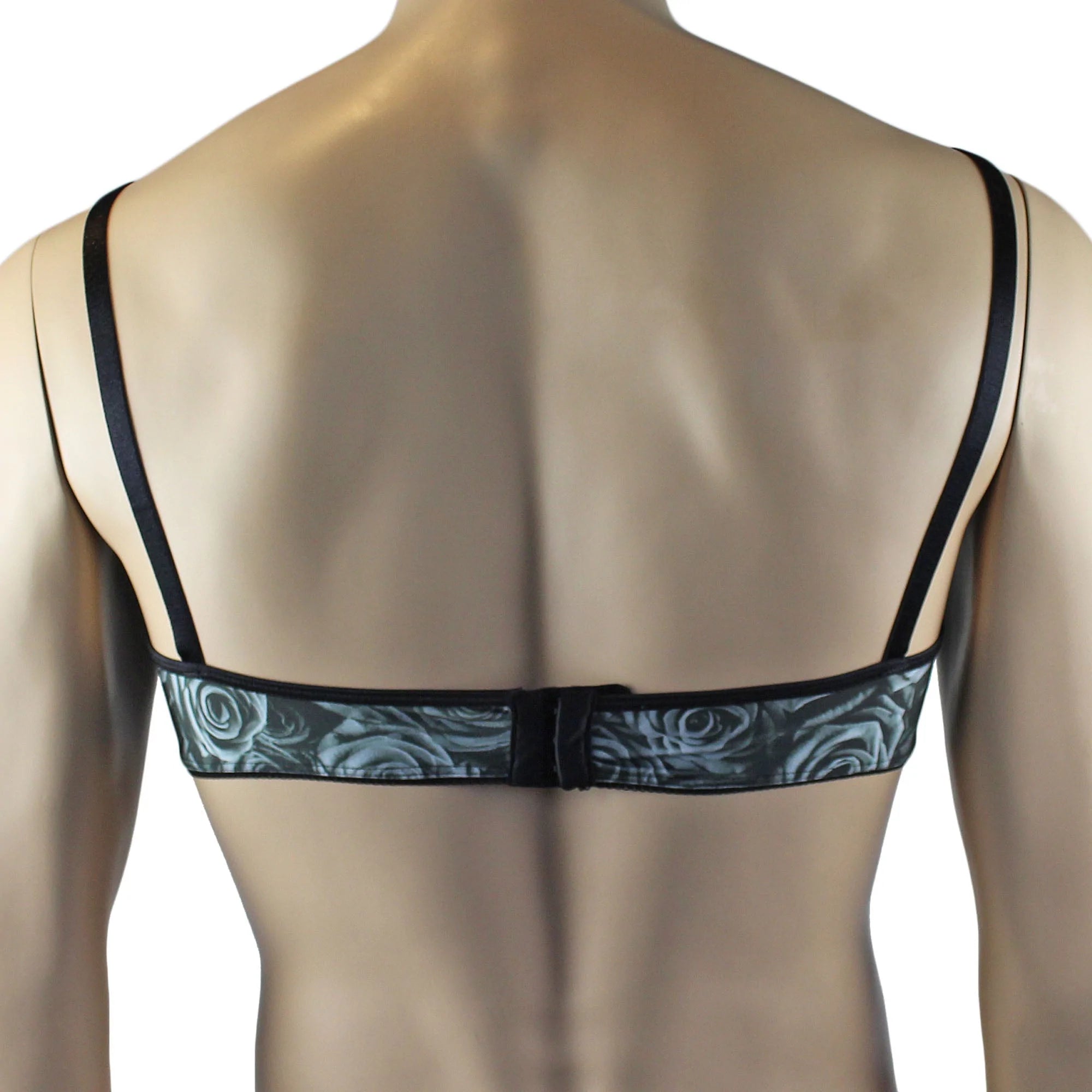 SALE - Mens Roses Spandex Bra Top with Frilled Pico Elastic Trim Male Lingerie Grey