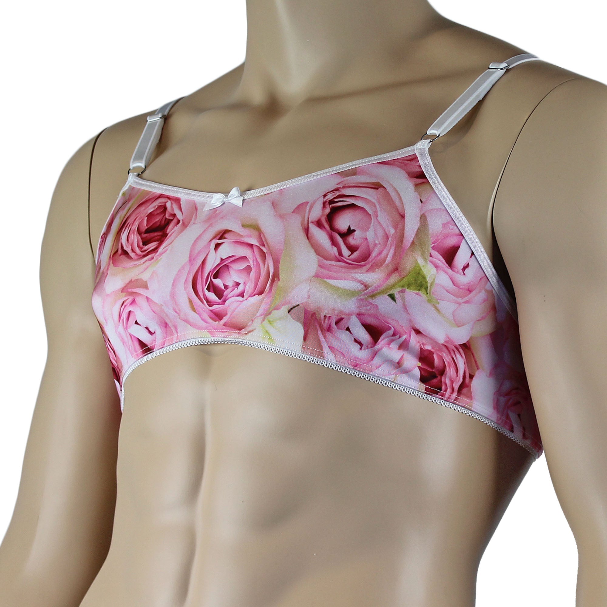 Mens Roses Spandex Bra Top with Frilled Pico Elastic Trim Male Lingerie Pink