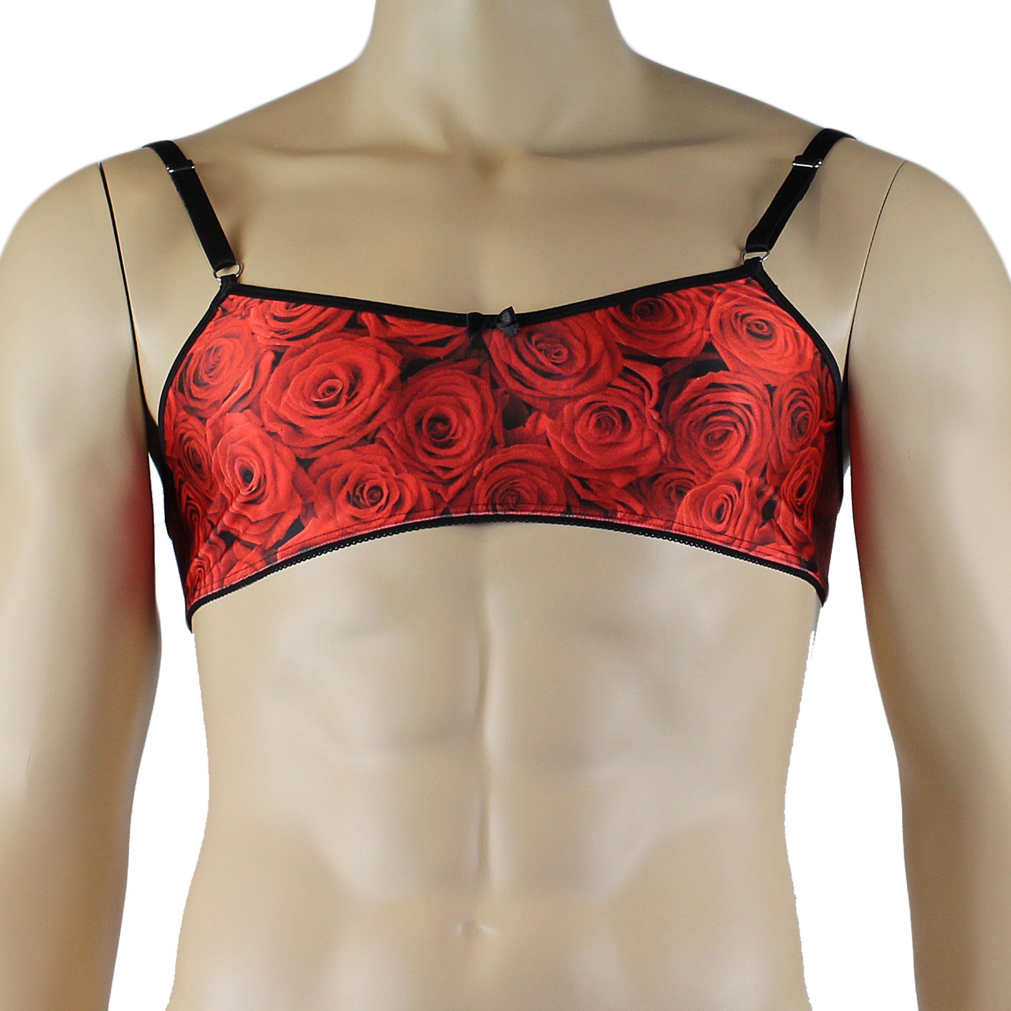 Mens Roses Spandex Bra Top and Bikini Brief with Elastic Pico Trim Red