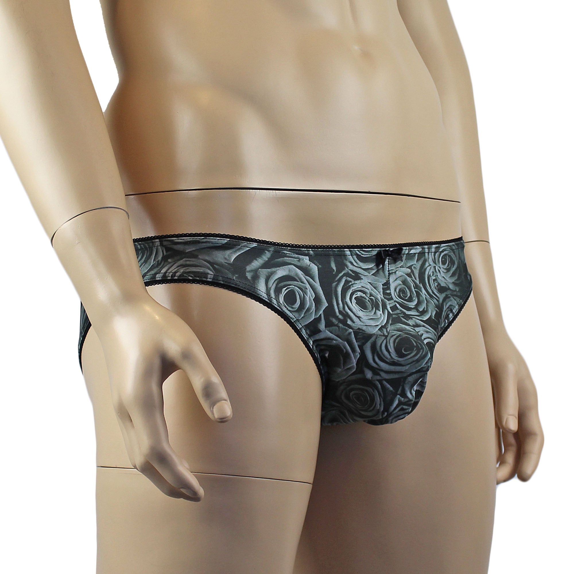 Mens Roses Stretch Spandex Panty Brief with Decorative Pico Elastic Grey