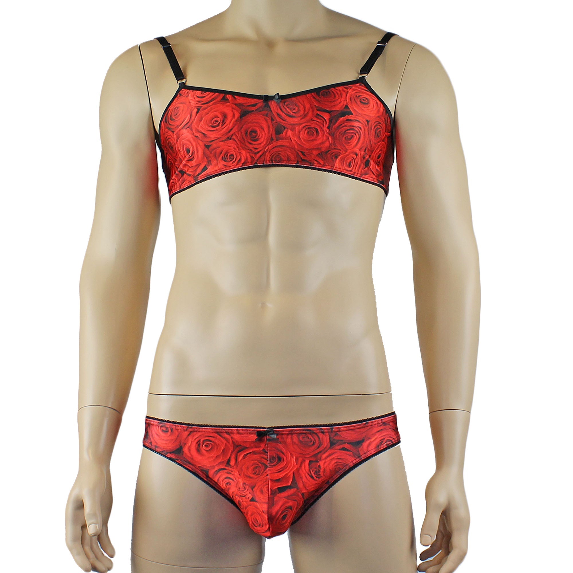 Mens Roses Spandex Bra Top and Bikini Brief with Elastic Pico Trim Red