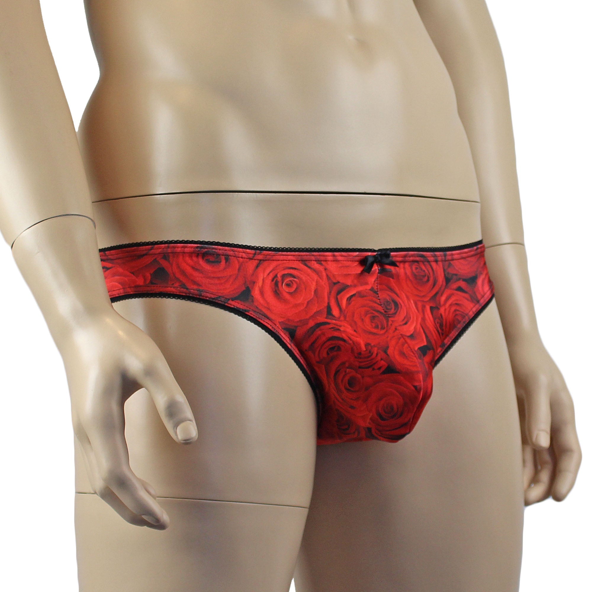 Mens Roses Stretch Spandex Panty Brief with Decorative Pico Elastic Red