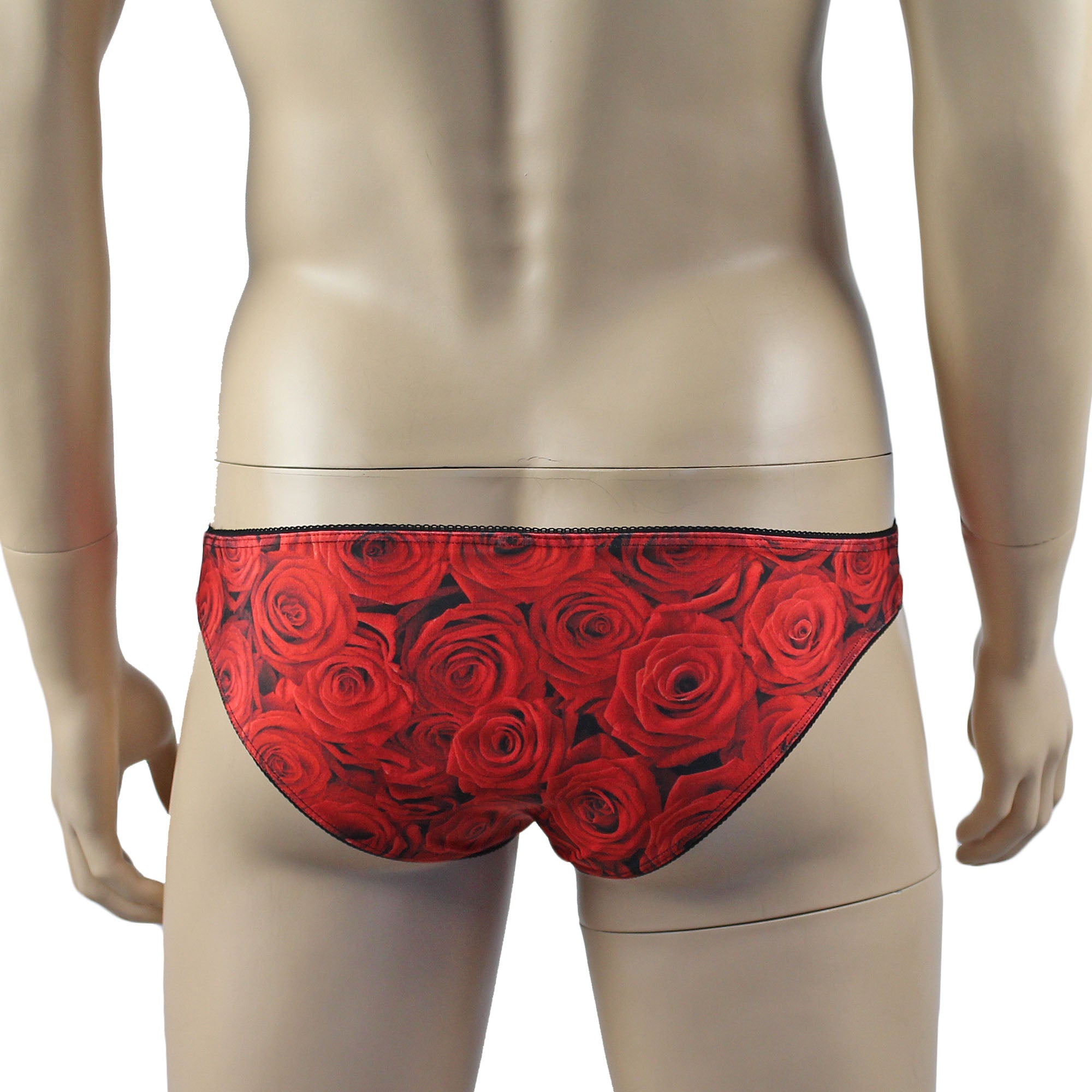 Mens Roses Spandex Bra Top and Bikini Brief with Elastic Pico Trim Red