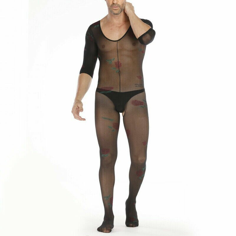 Mens Bodystocking Male Catsuit Mesh with Flowers Black