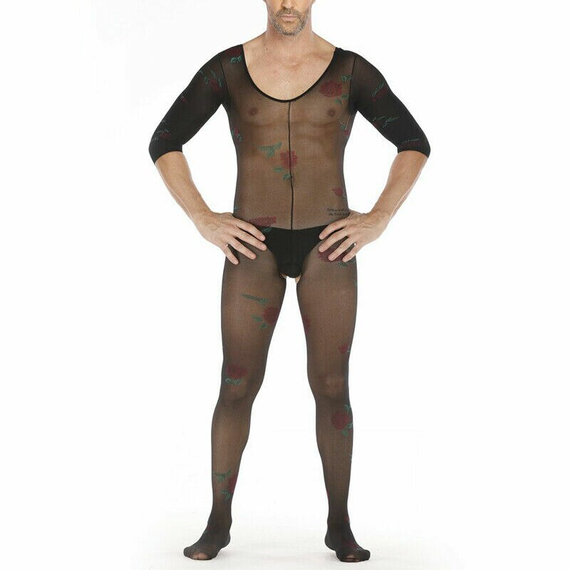 Mens Bodystocking Male Catsuit Mesh with Flowers Black