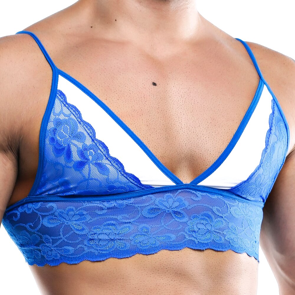 SALE - Mens Stretch Spandex and Lace Bra Top Blue and White