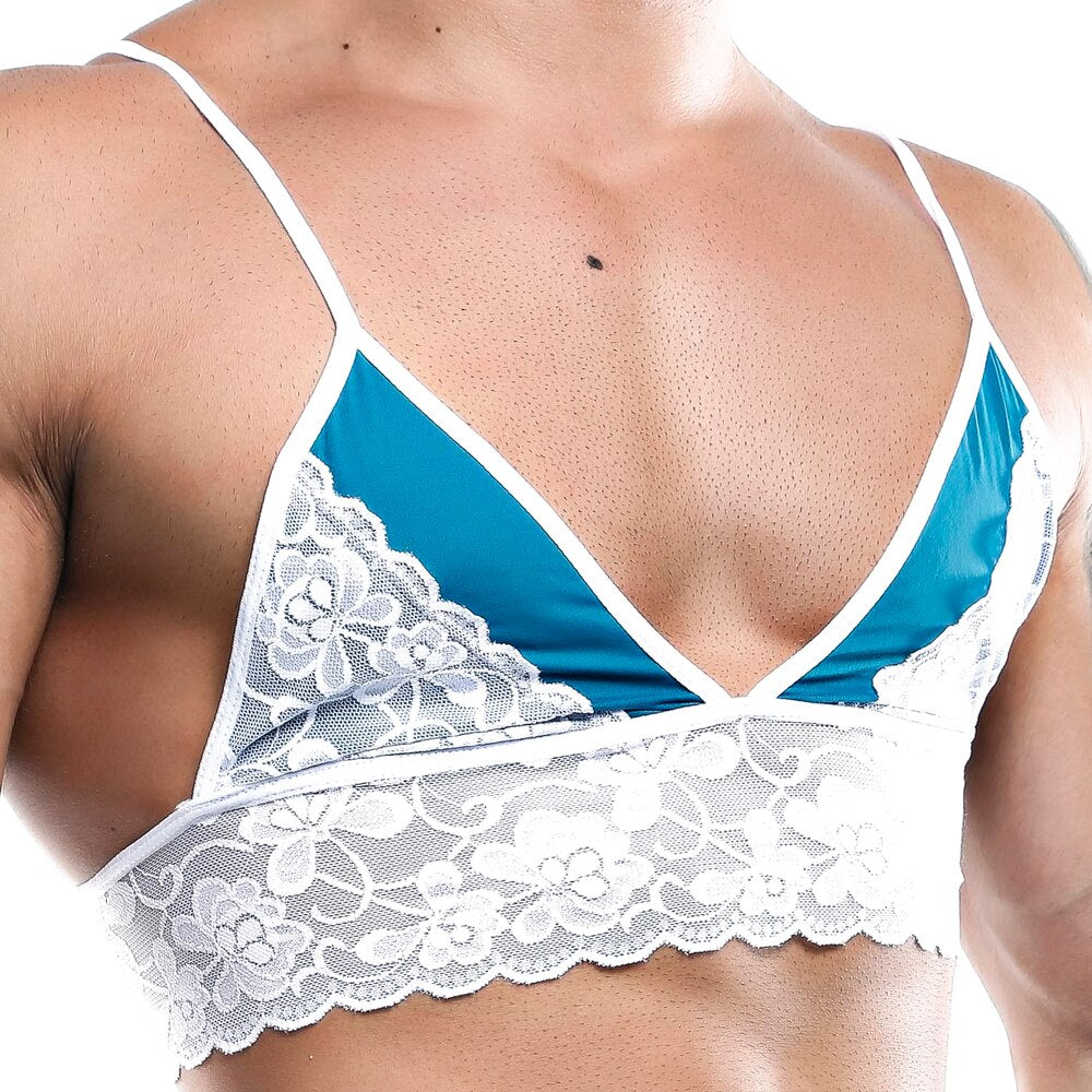 SALE - Mens Stretch Spandex and Lace Bra Top White and Green