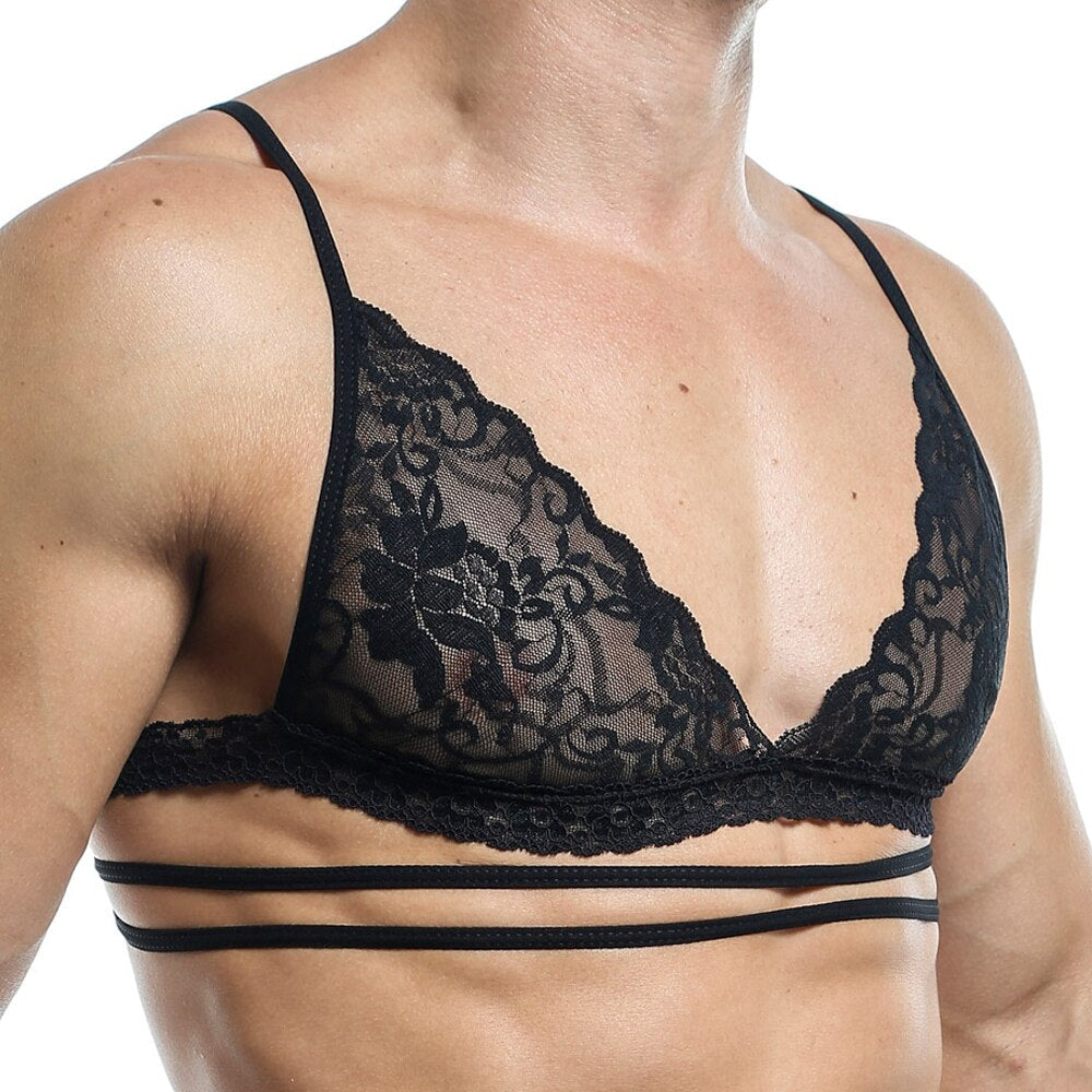 Mens Bra Top with Lace and Multi Straps Black