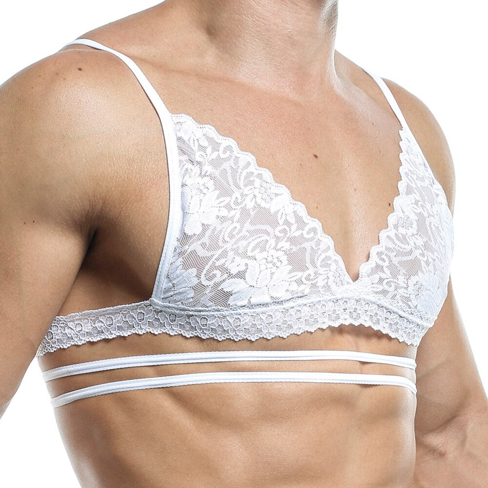 SALE - Mens Bra Top with Lace and Multi Straps White