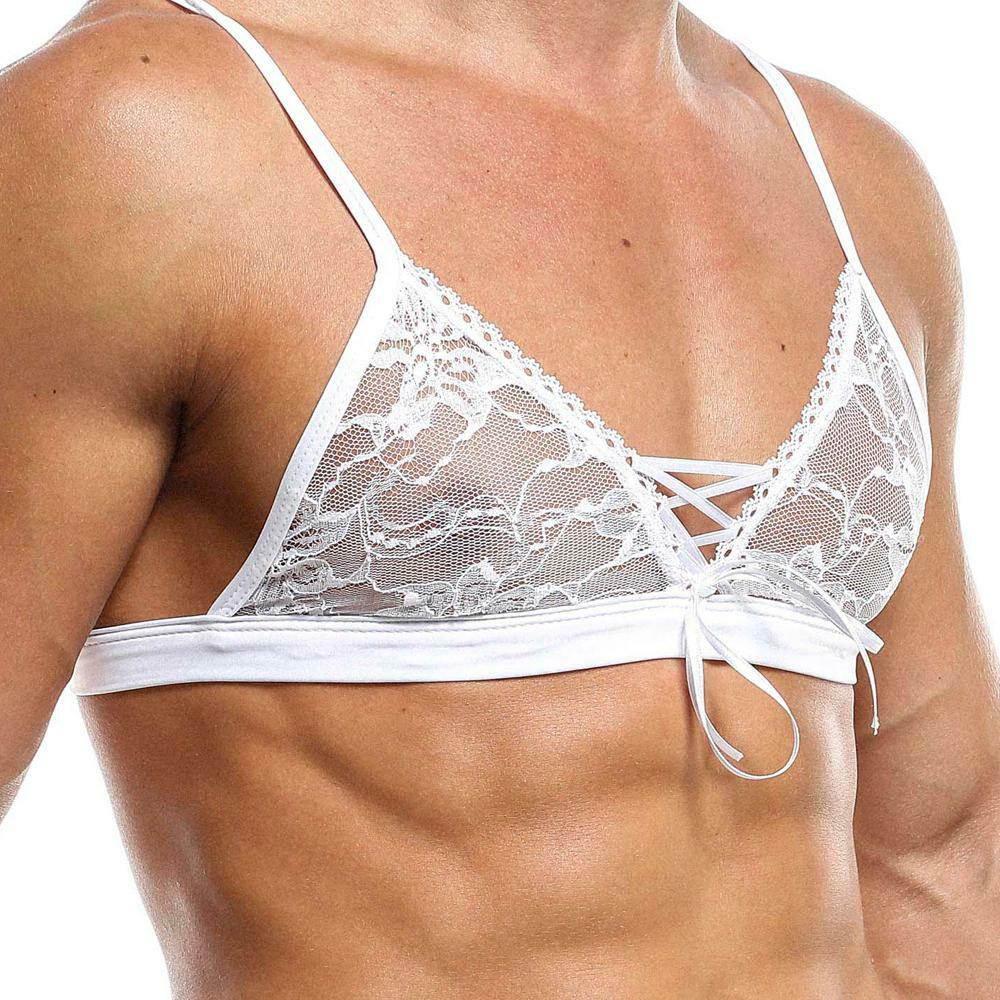 Mens Secret Male Lace Bra Top with Lace-up Front White