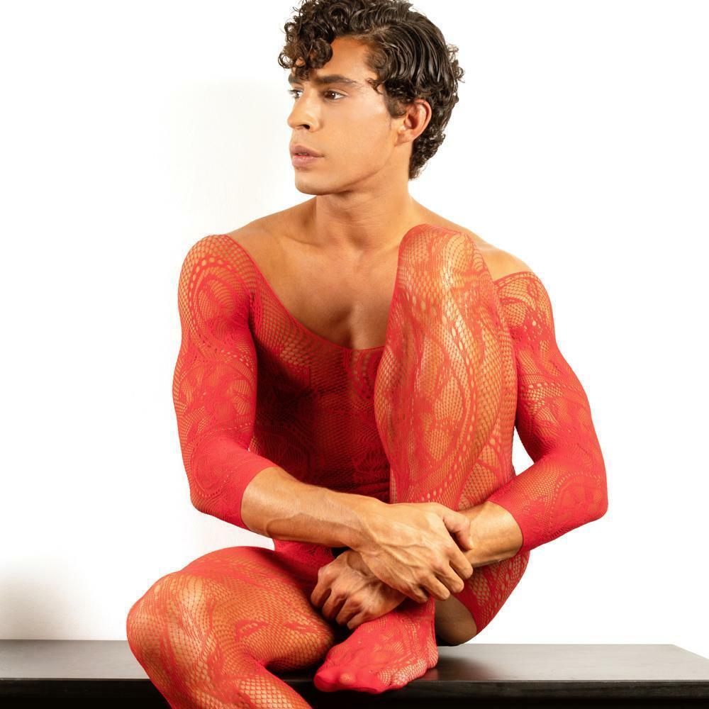 Mens Lingerie Floral Swirl Bodystocking with Sleeves Red