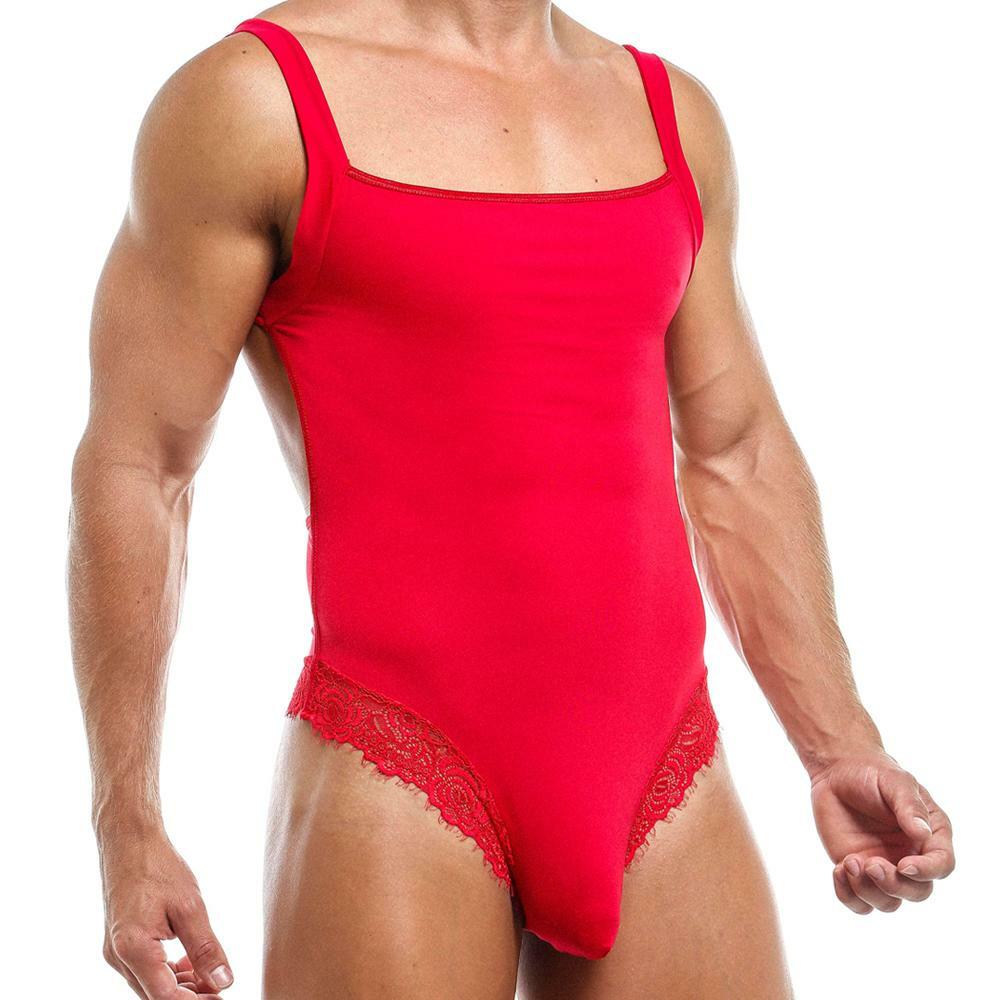 Mens Secret Male Bodysuit with Lace Red