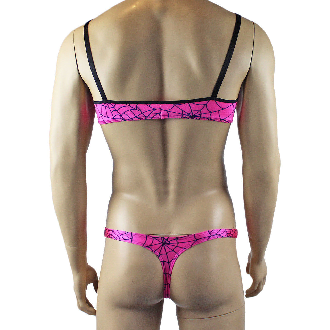 Mens Halloween Spooky Spider Web Camisole Bra Top & Mini Thong (pink & lime colours)