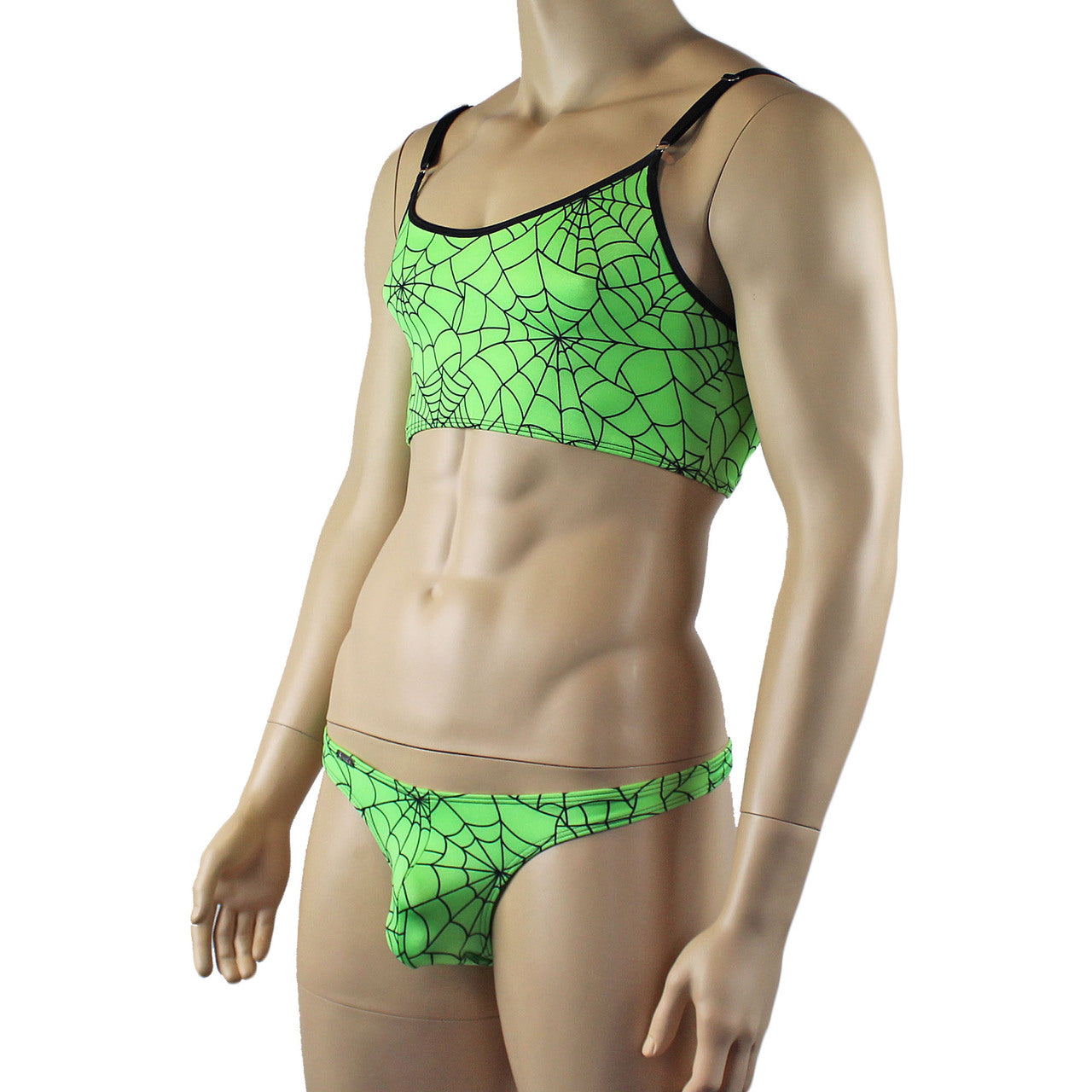 Mens Halloween Spooky Spider Web Camisole Bra Top & Thong (lime & pink colours)