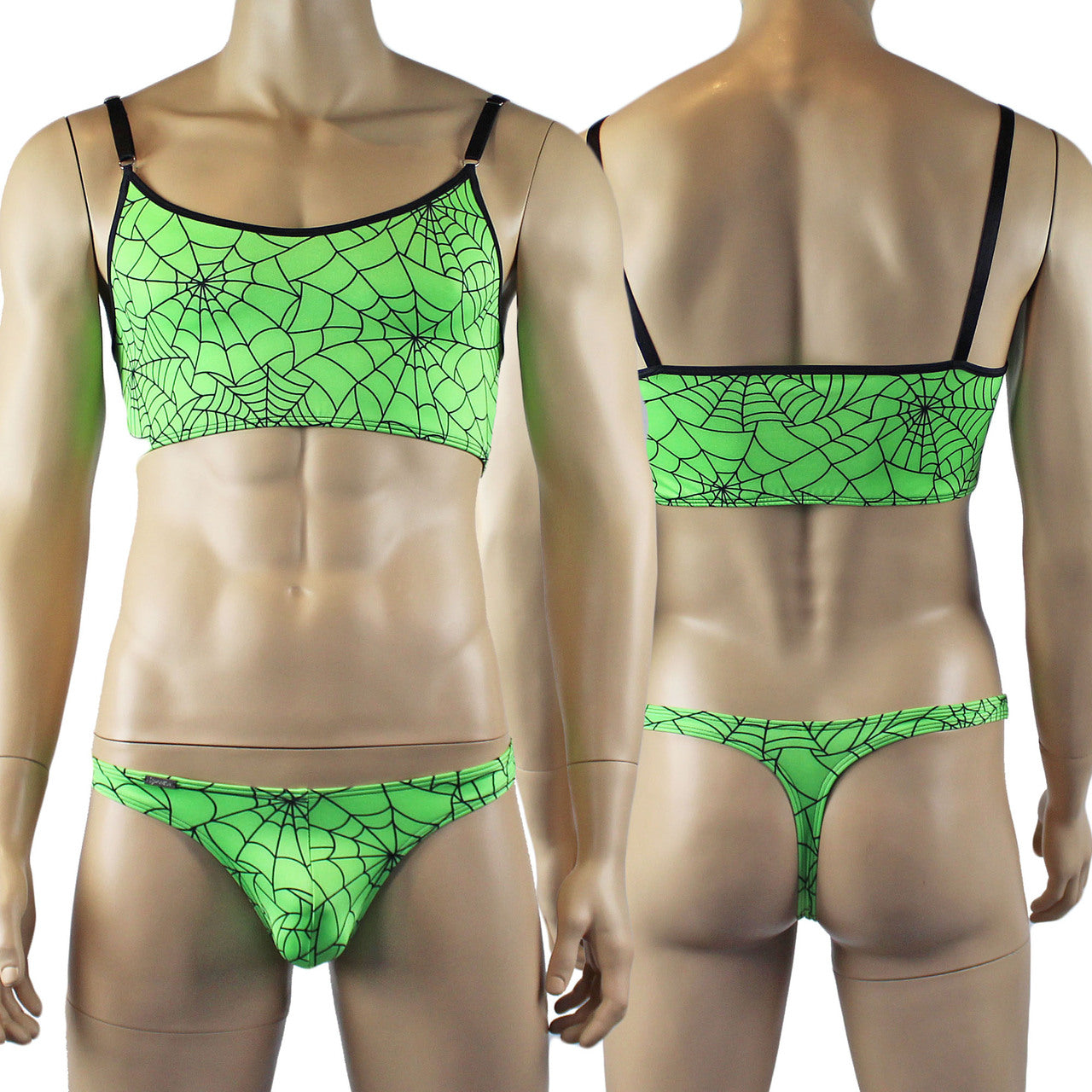 Mens Halloween Spooky Spider Web Camisole Bra Top & Thong (lime & pink colours)