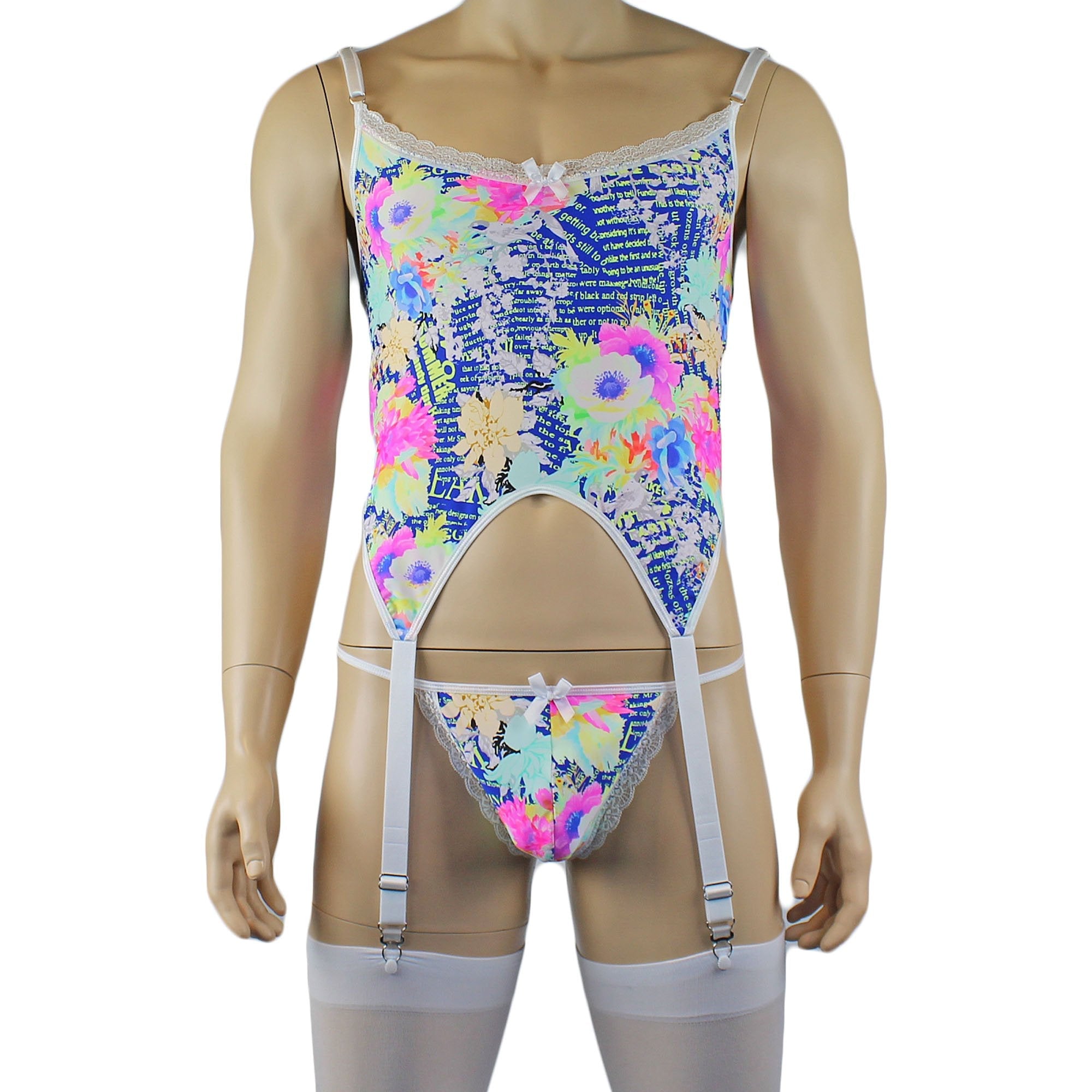 Mens Suzanne Floral Torso Corset Top, G string & Stockings