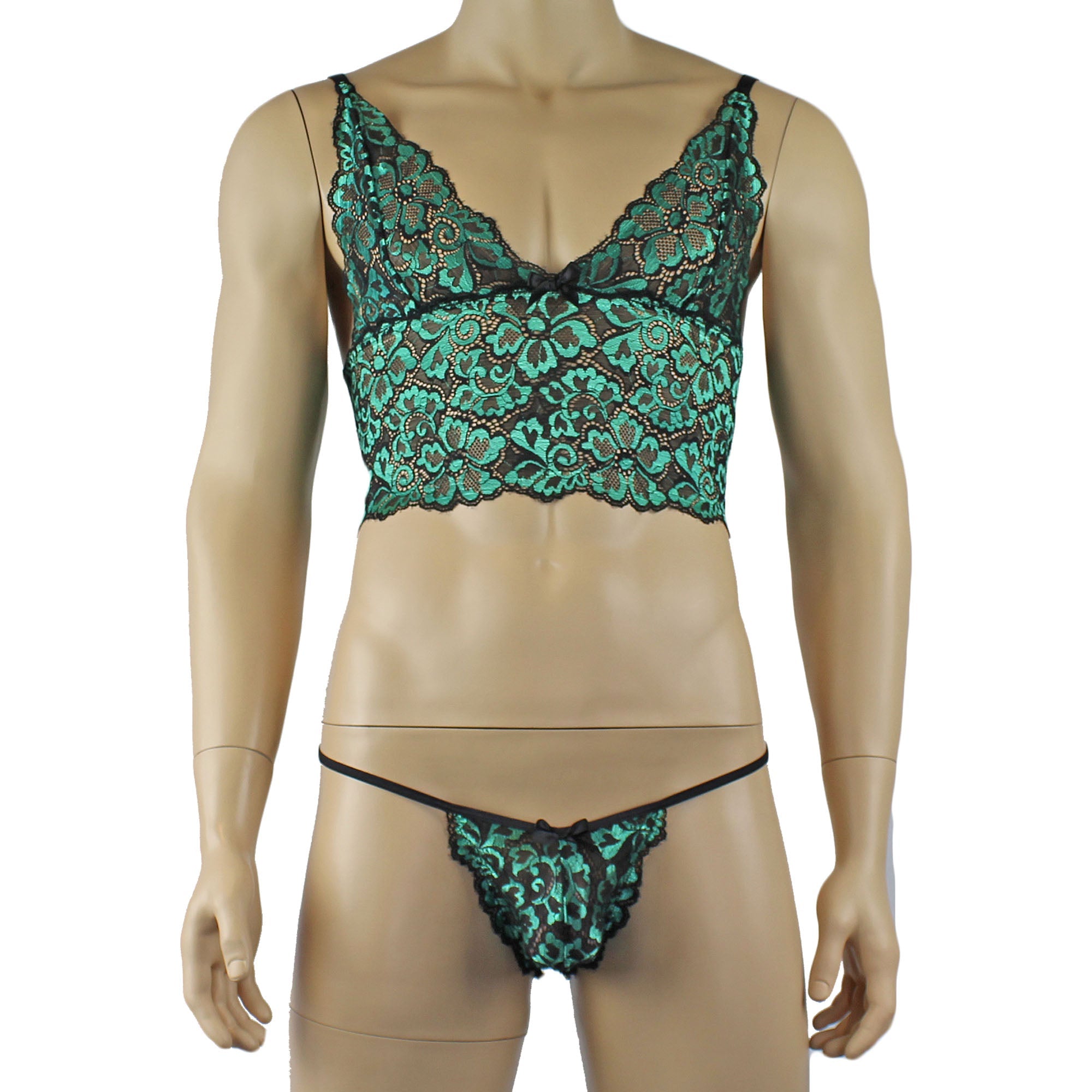 Mens Sweetheart Scalloped Shiny Lace Cami Bra Top and Panty Green