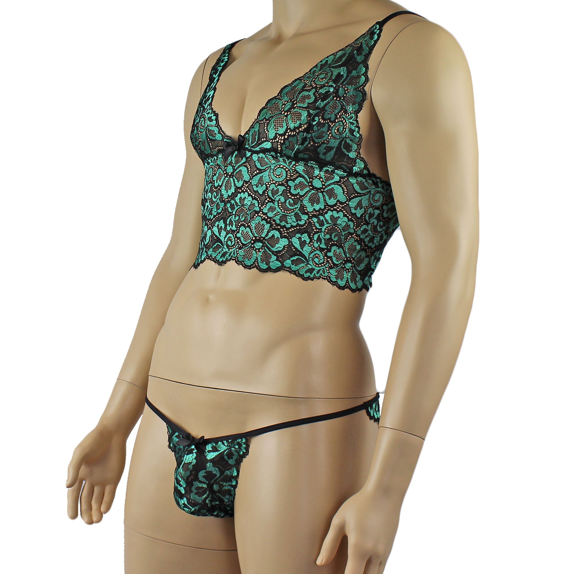 Mens Sweetheart Scalloped Shiny Lace Cami Bra Top and Panty Green