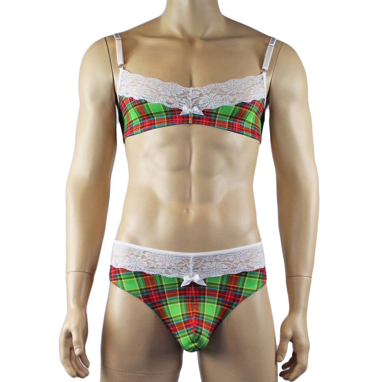 Mens Plaid Tartan Bra Top & High Waist Thong Green and Red