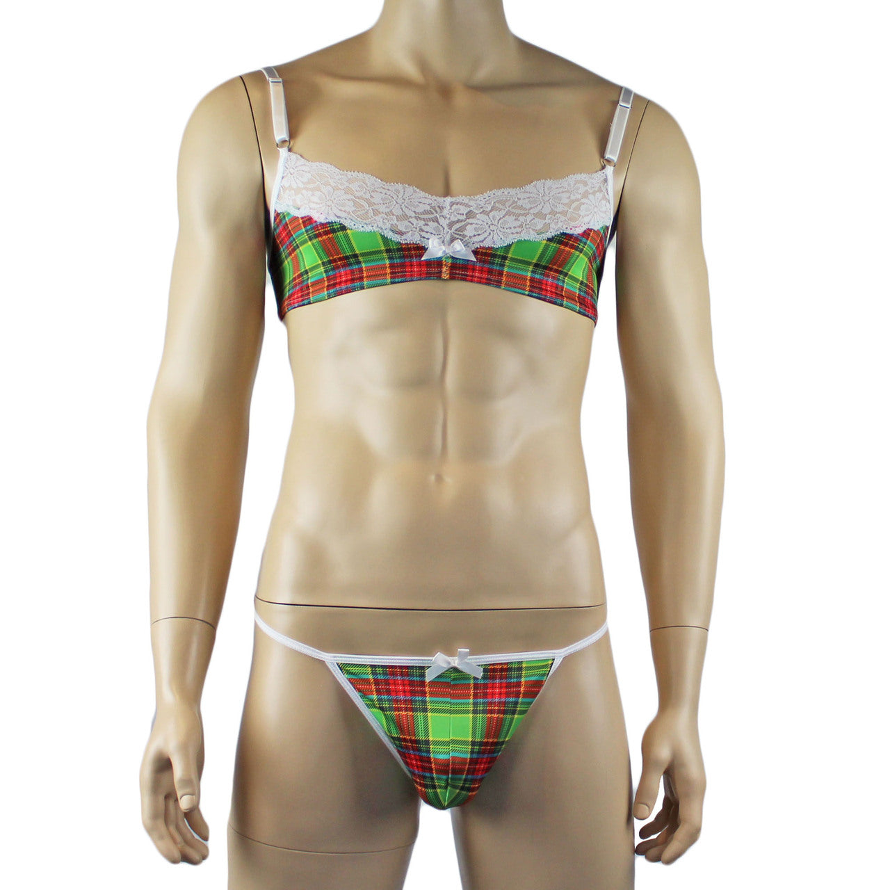 Mens Plaid Tartan Bra Top with Pouch G string Green and Red