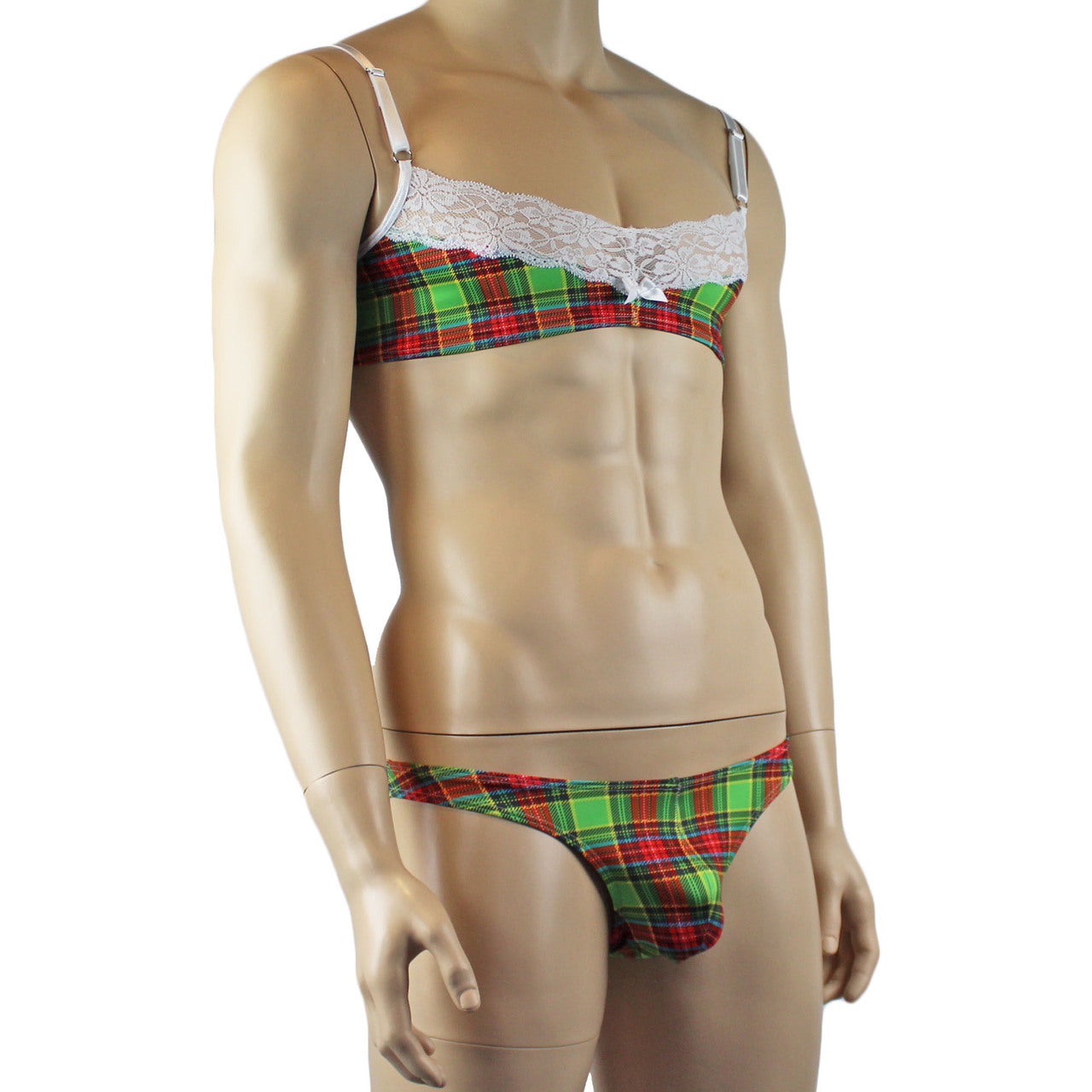 Mens Plaid Tartan Bra Top & Low Waist Thong Green and Red