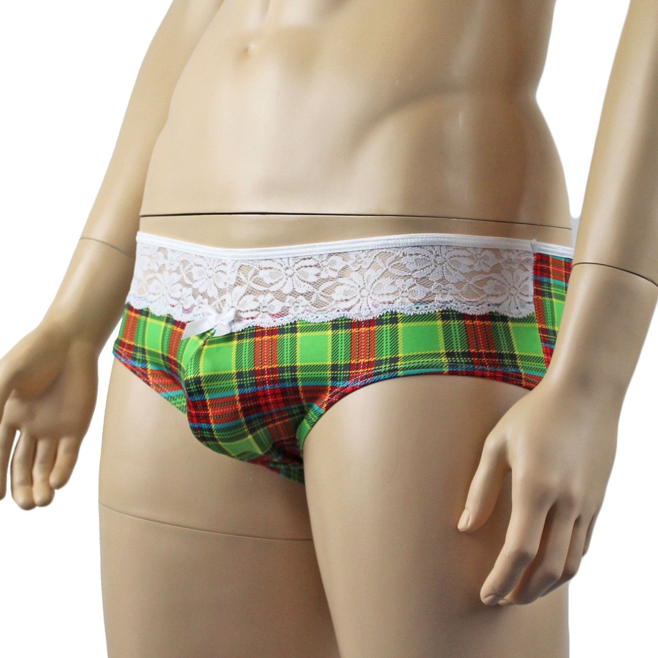 Mens Plaid Tartan Briefs with Lace Trim Green and Red