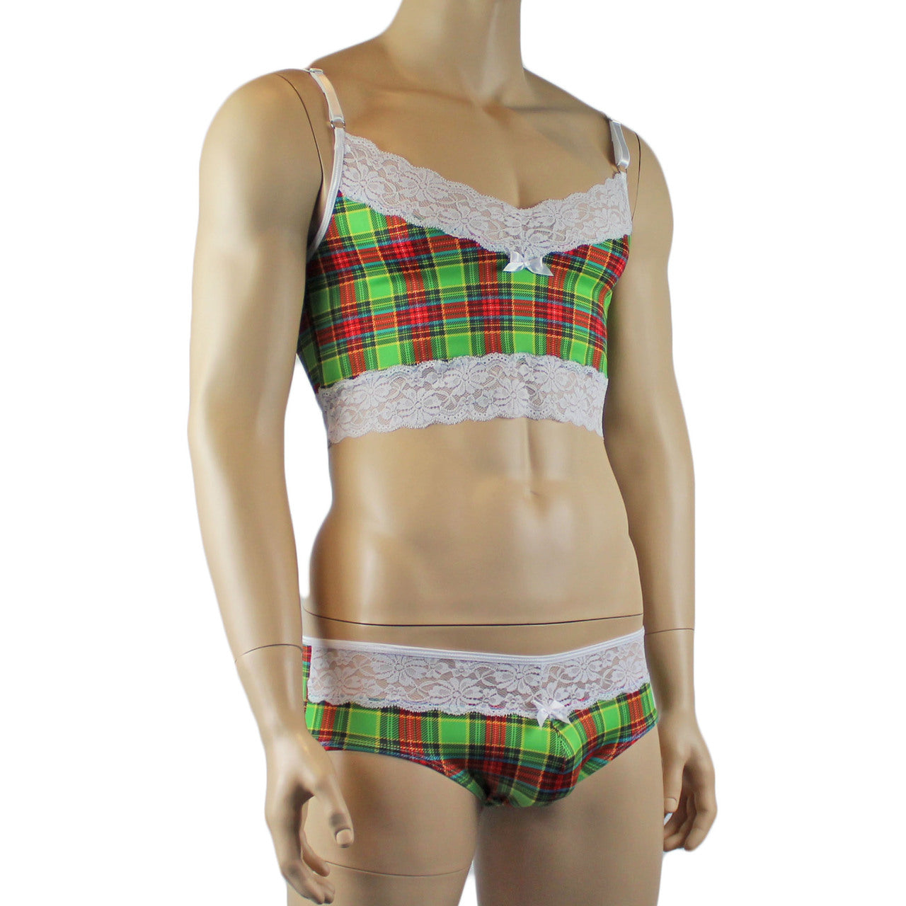 Mens Plaid Tartan Camisole Top & Bikini Brief Green and Red