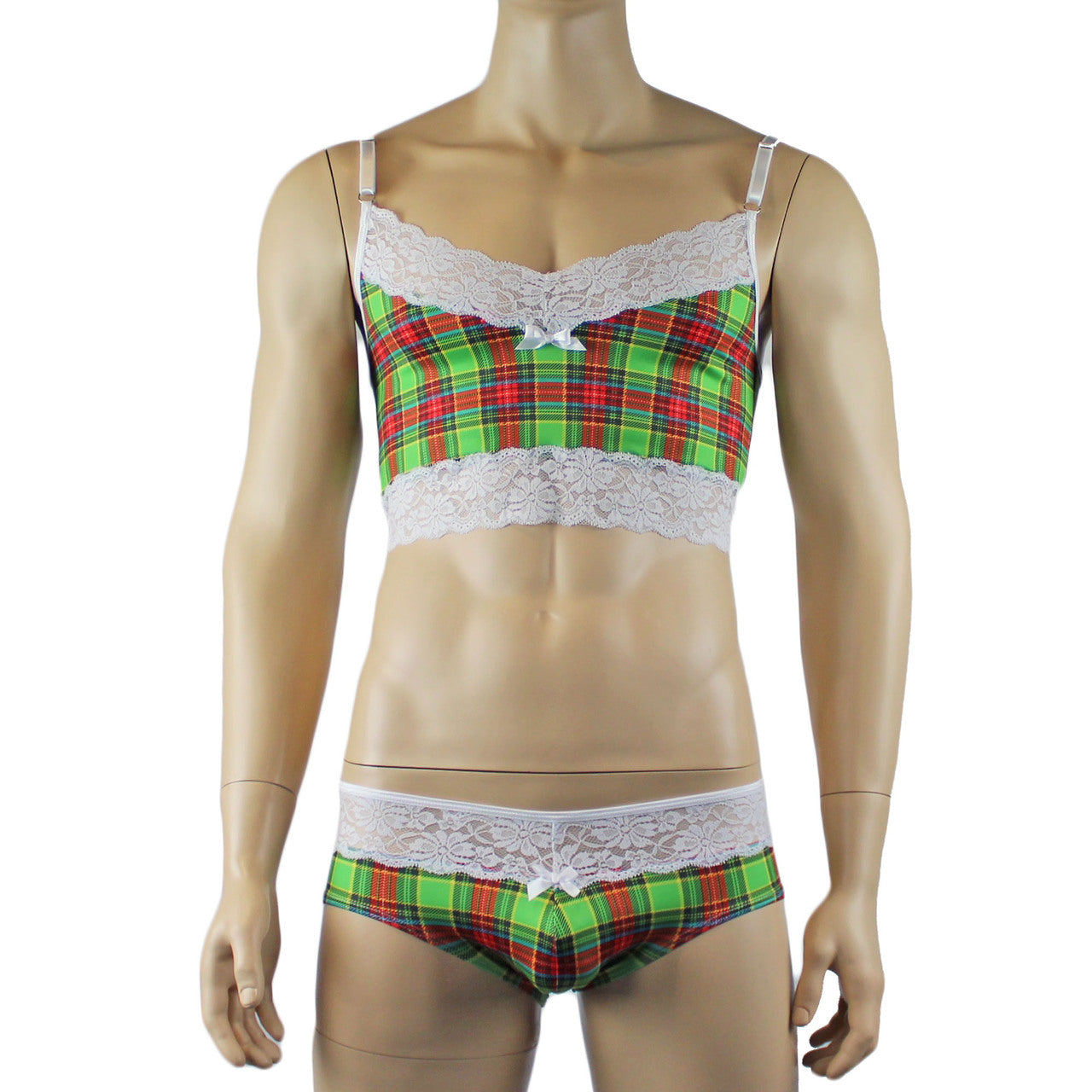 Mens Plaid Tartan Camisole Top & Bikini Brief Green and Red