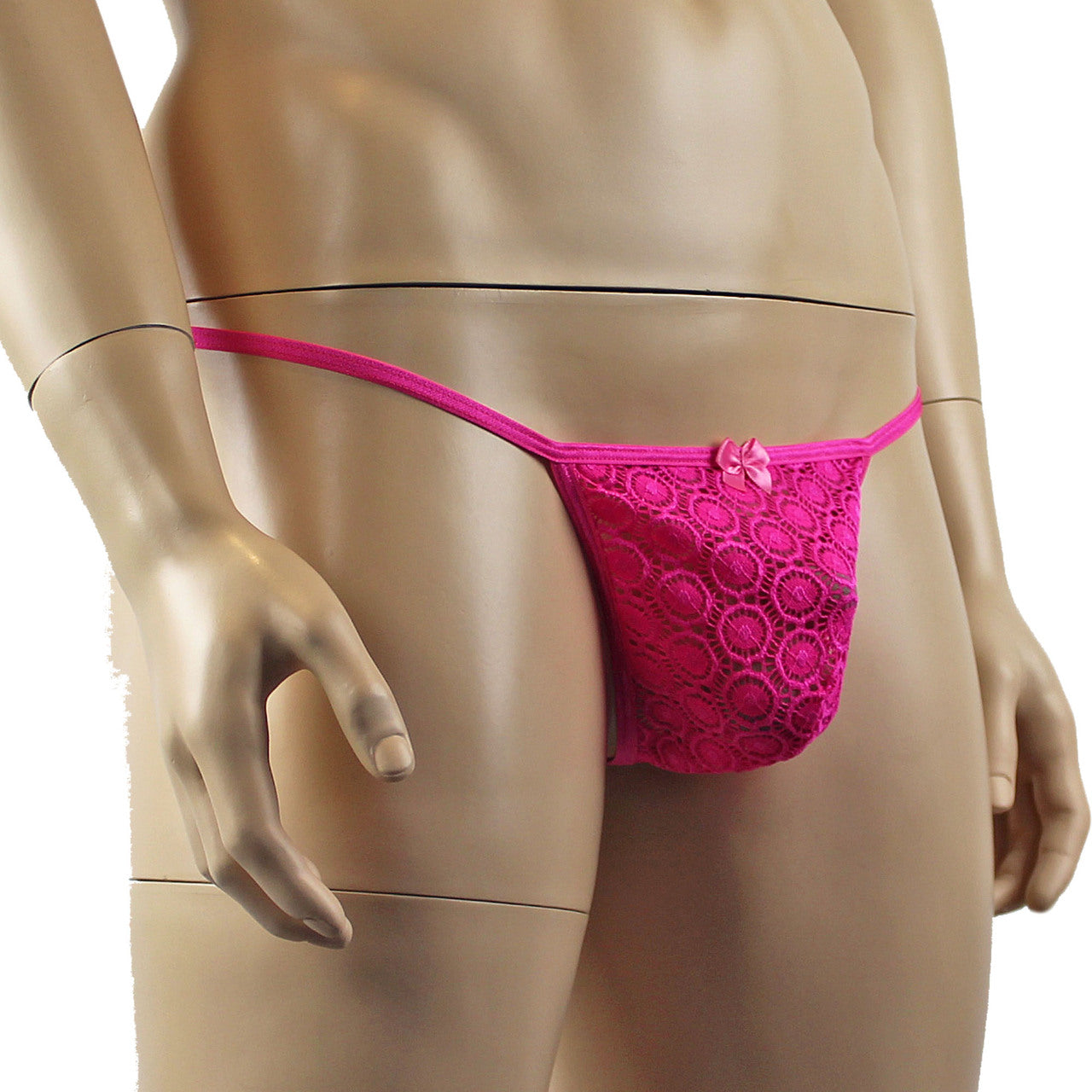 Mens Circle Lace Pouch G string with Cute Bow Front (hot pink plus other colours)