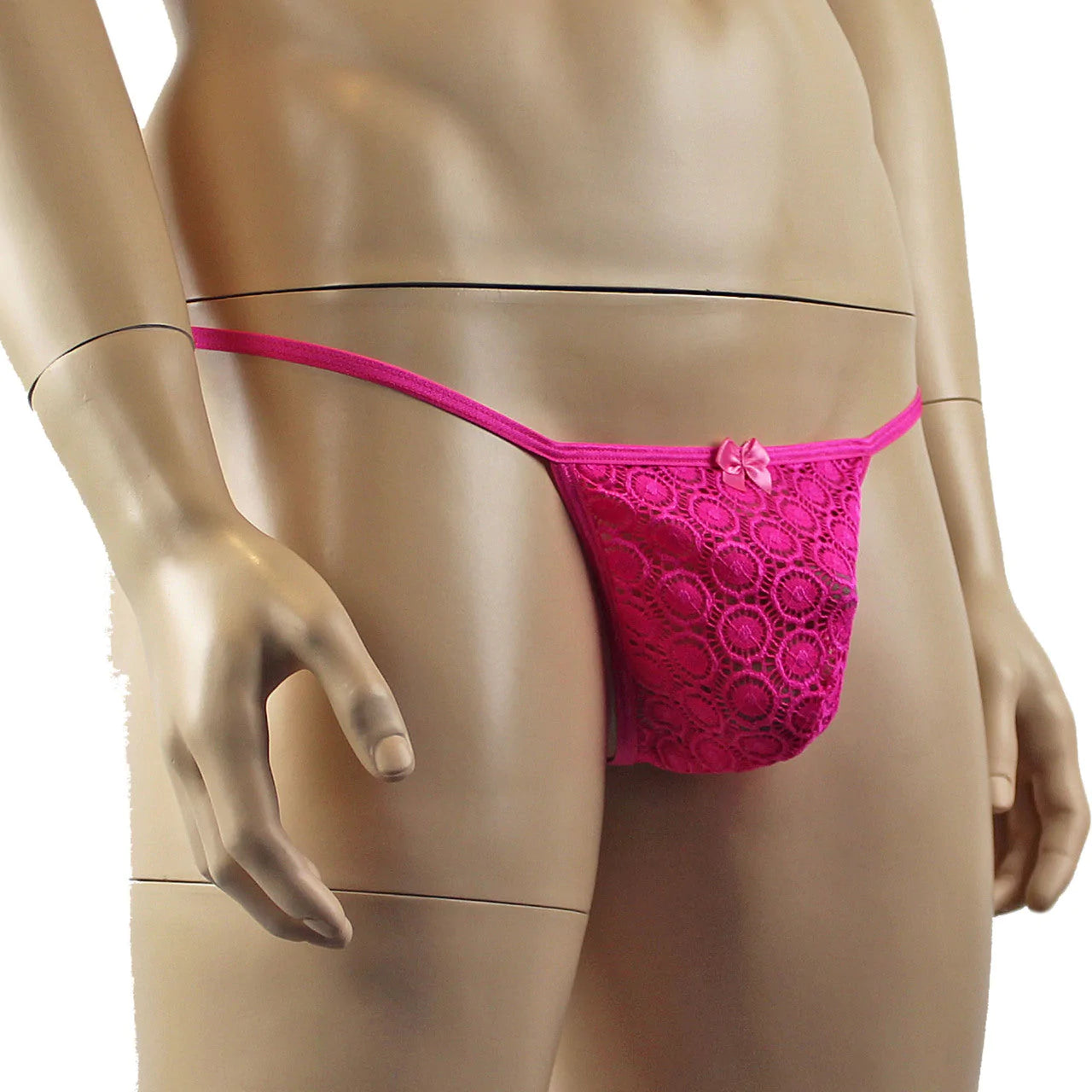 SALE - Mens Tease Circle Lace Pouch G string with Cute Bow Front Hot Pink