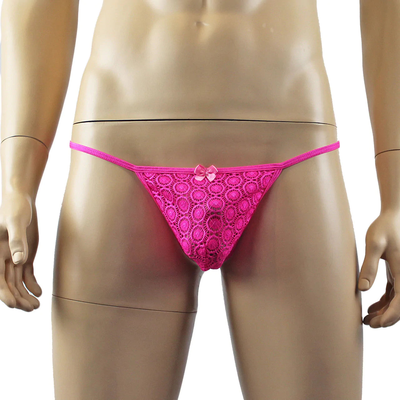 SALE - Mens Tease Circle Lace Pouch G string with Cute Bow Front Hot Pink