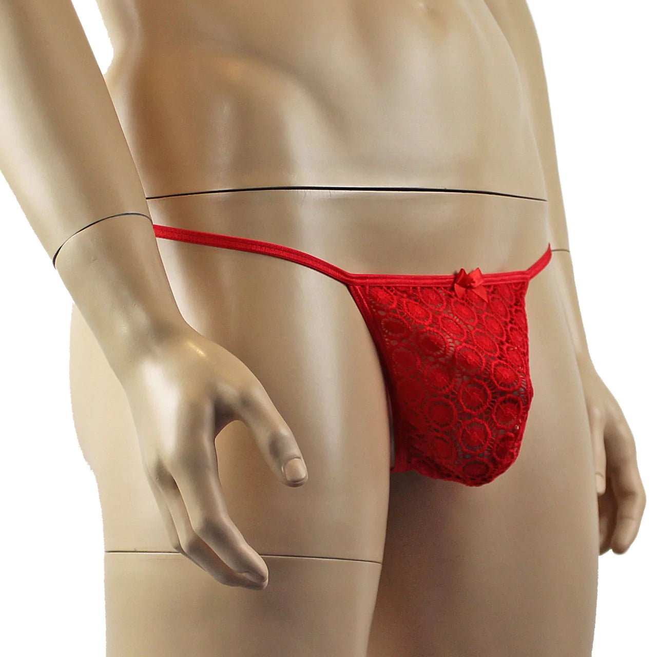 SALE - Mens Tease Circle Lace Pouch G string with Cute Bow Front Red