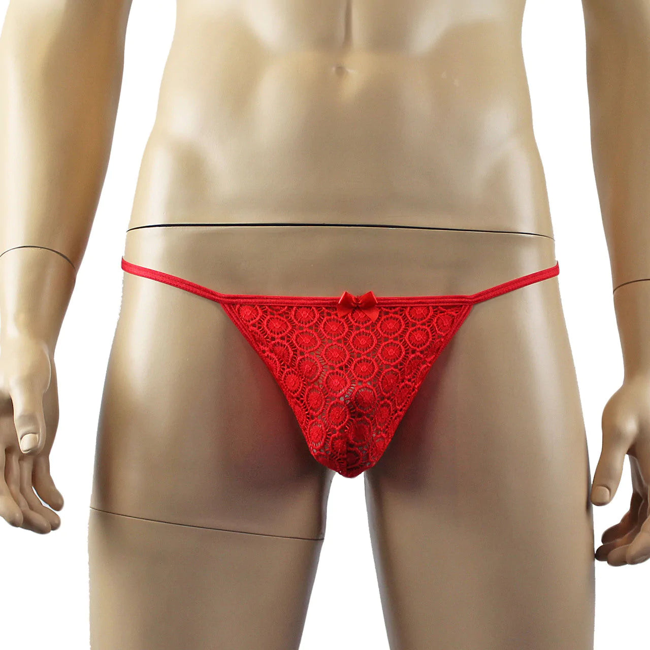 SALE - Mens Tease Circle Lace Pouch G string with Cute Bow Front Red