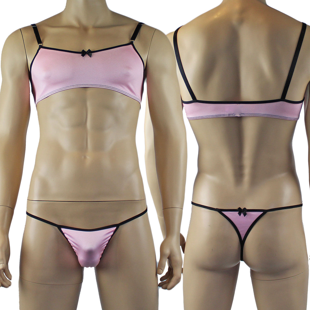 Mens Lingerie Twinkle Spandex Bra & G string with Bow, Light Pink & Black