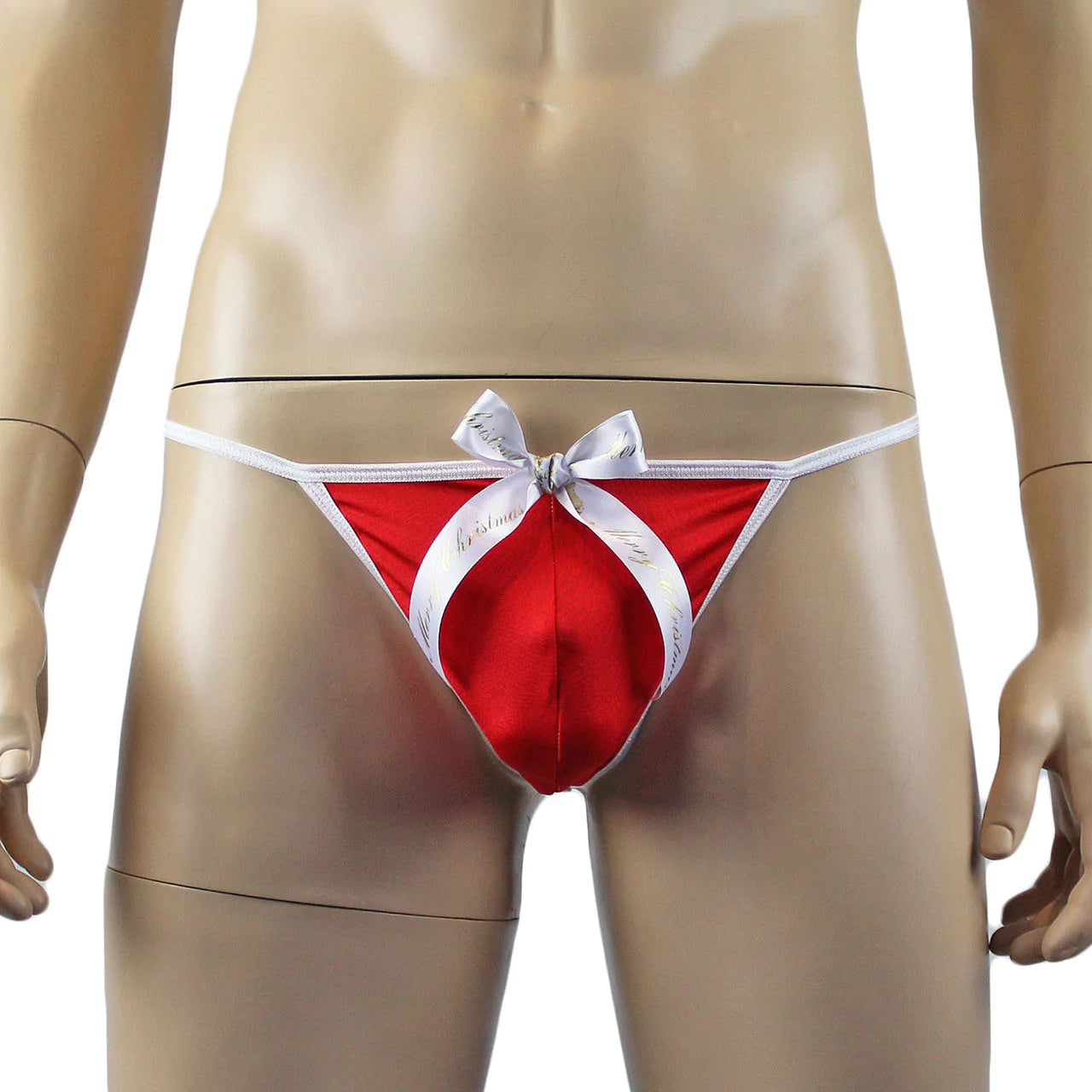 SALE - Mens Xmas Stretch Spandex Pouch G string with Merry Christmas Bow Red and White