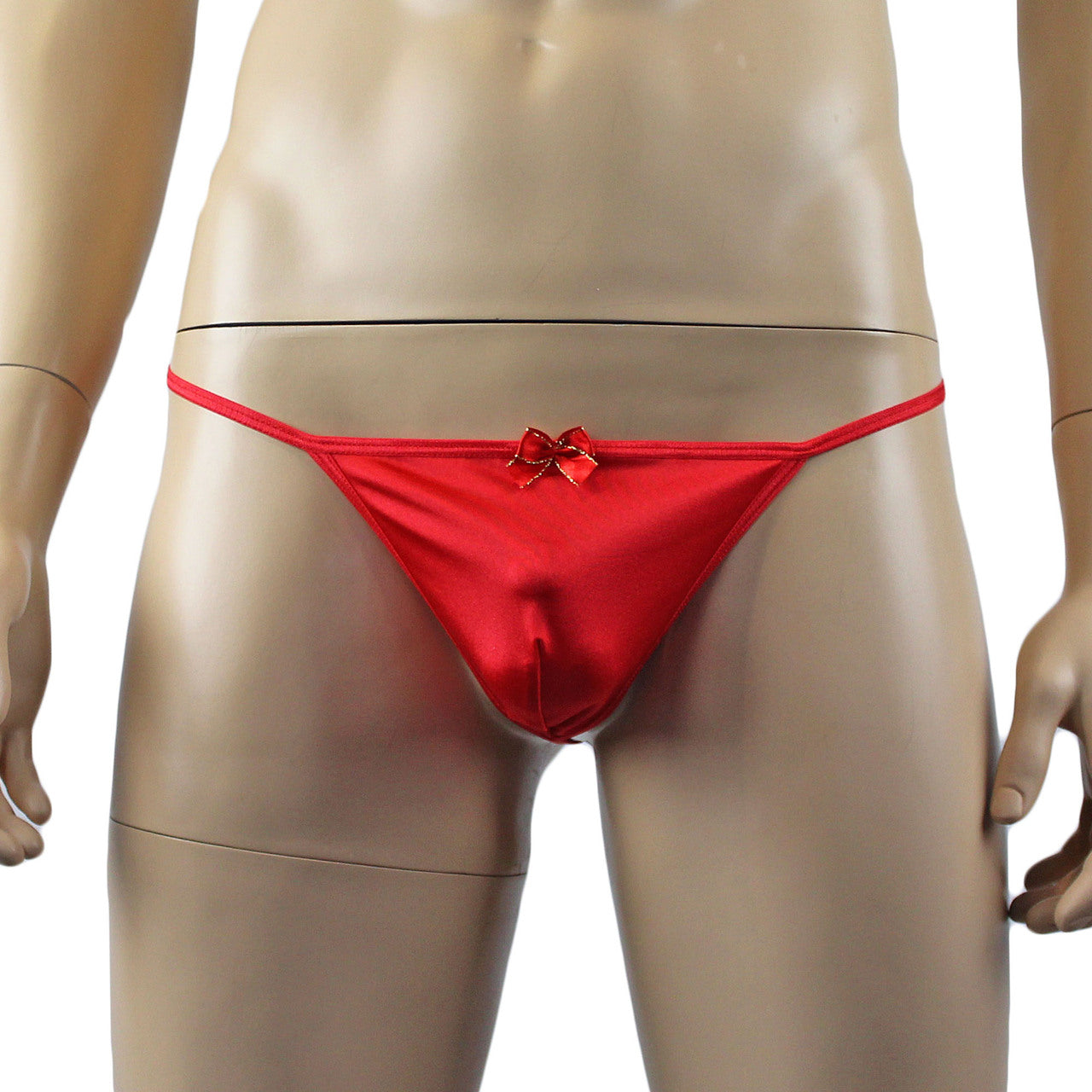 Mens Stretch Spandex Pouch G string with Red & Gold Bow